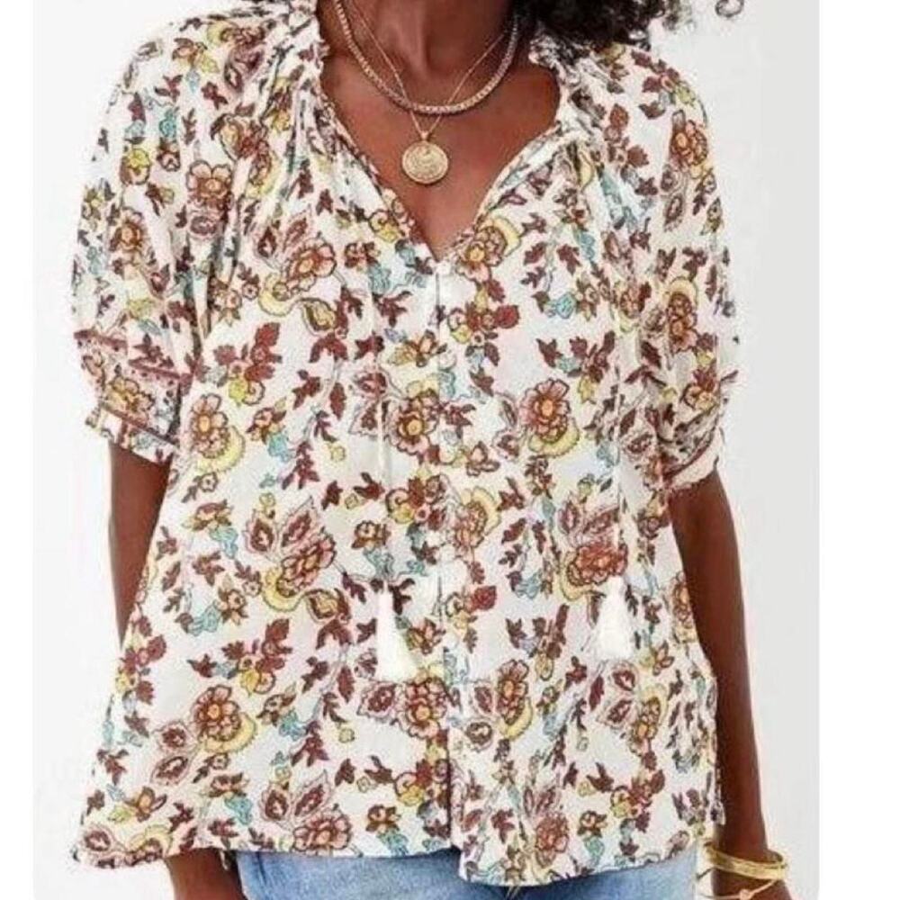 Cleobella medium Iris Floral Tassel Tie Blouse Enya like new